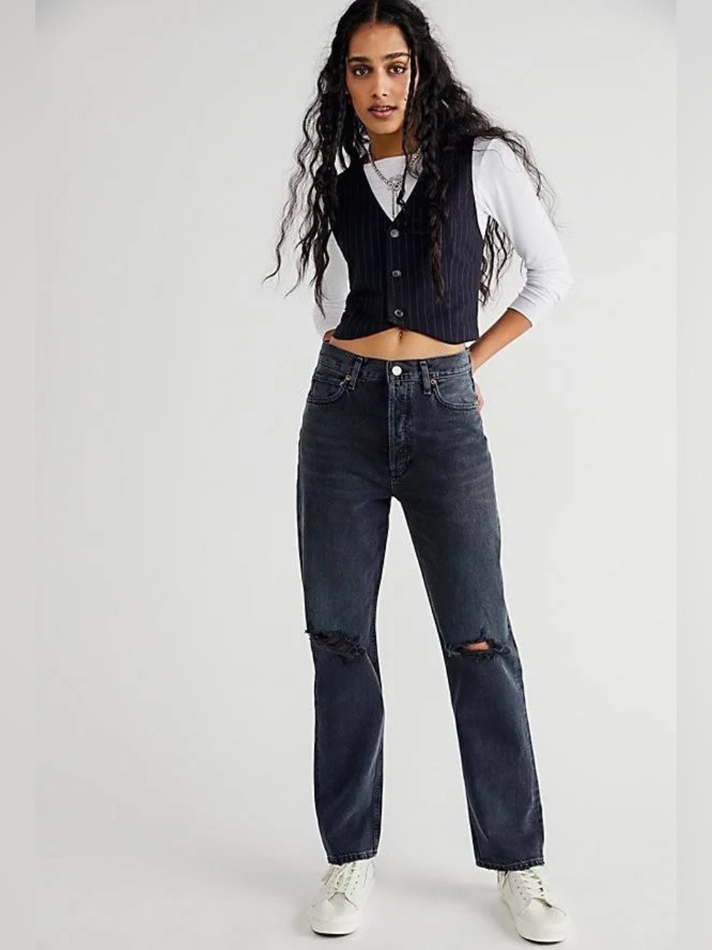 AGOLDE 90s Pinch Waist High Rise Straight Jeans Howl Distressed Black 27 - Picture 3 of 8